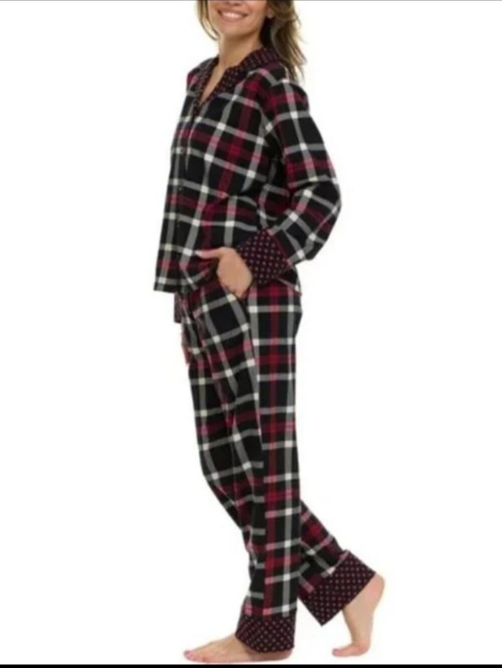 Vera Bradley 2 Piece Pajama Set XL Red Black Plaid Long Sleeve Pants 100% Cotton